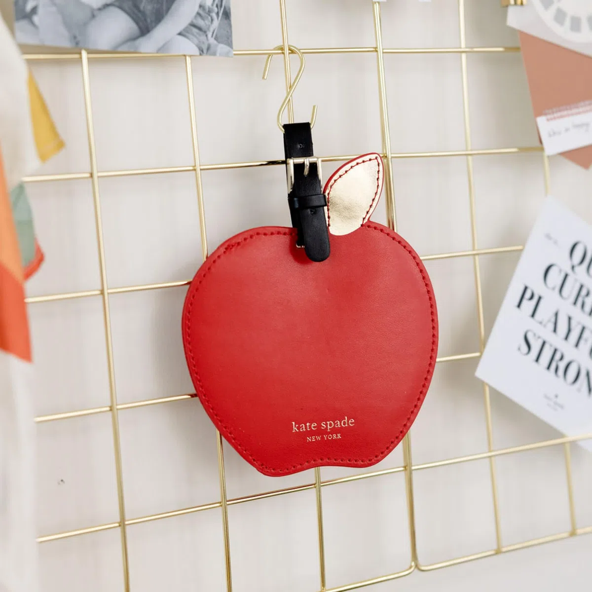 Kate Spade New York Round Red Vegan Leather Luggage Tag for Women, Durable Suitcase ID Tag, Apple