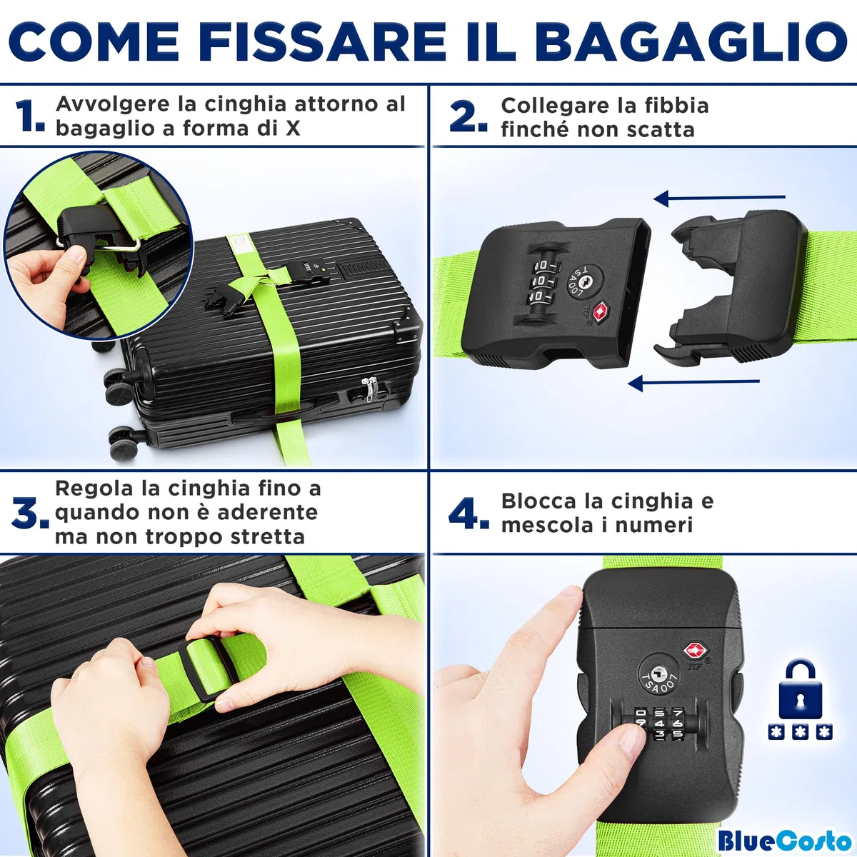 BlueCosto - Cinghia per Bagagli con Lucchetto TSA - Regolabile da 2,2 a 4 m, Verde Neon - Cintura di Sicurezza per Valigia Approvata TSA con Serratura a Combinazione a 3 Cifre