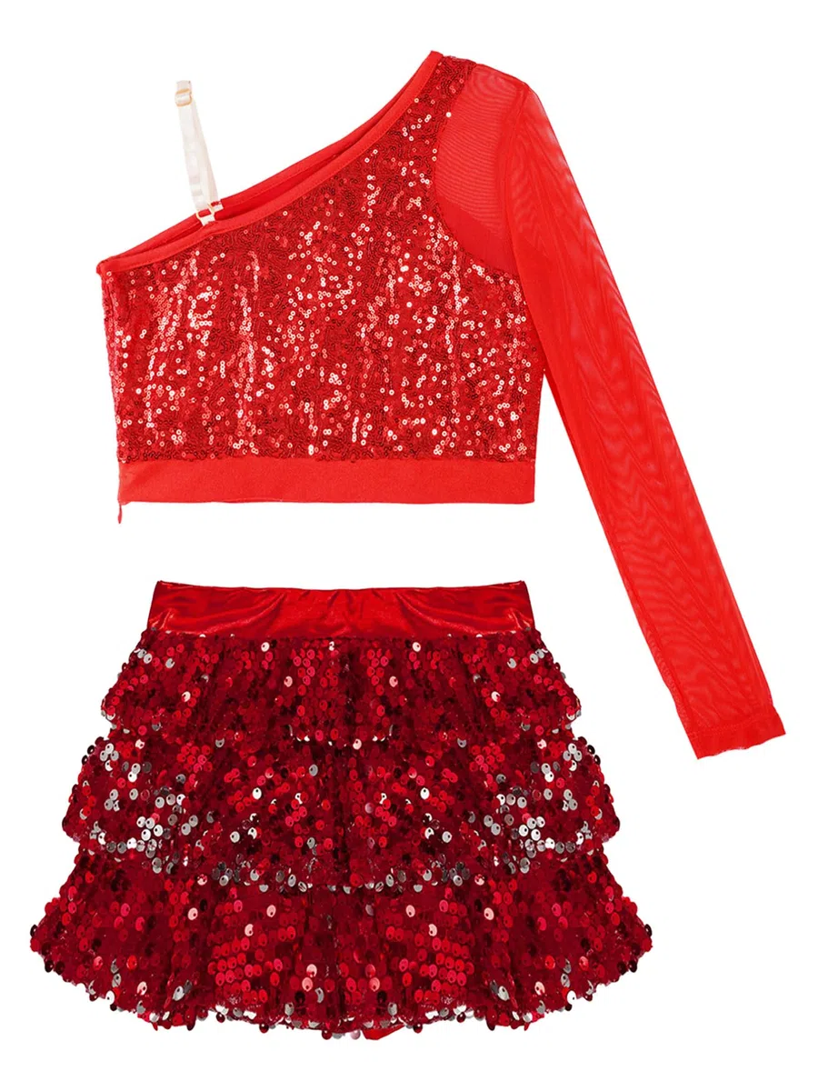 YiZYiF Tute da Jazz Hip Hop Bambina Completi Set 2 Pezzi da Danza Paillettes Maglia Top da Ballo con Gonna Moderna Classica Dancewear