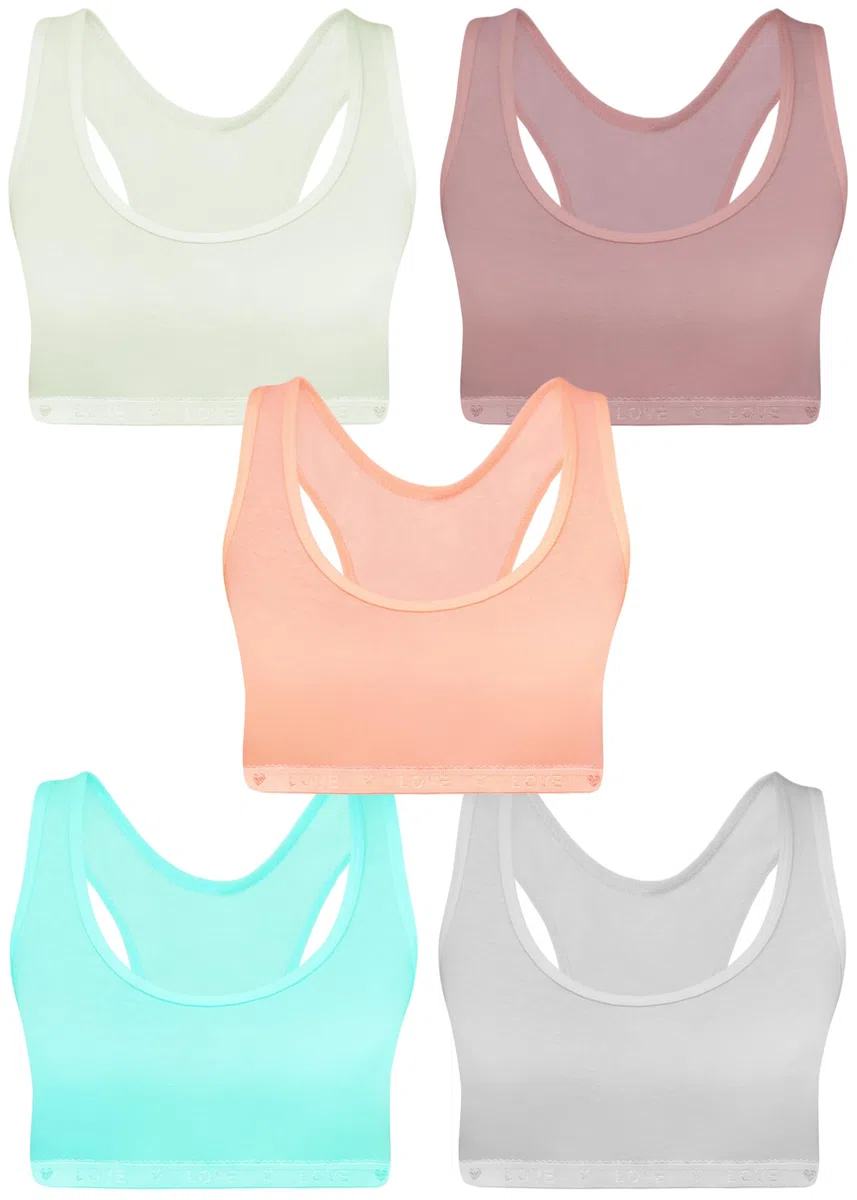 LOREZA ® Reggiseni Sportivi per Bambine - in Cotone con Strass - Set da 5