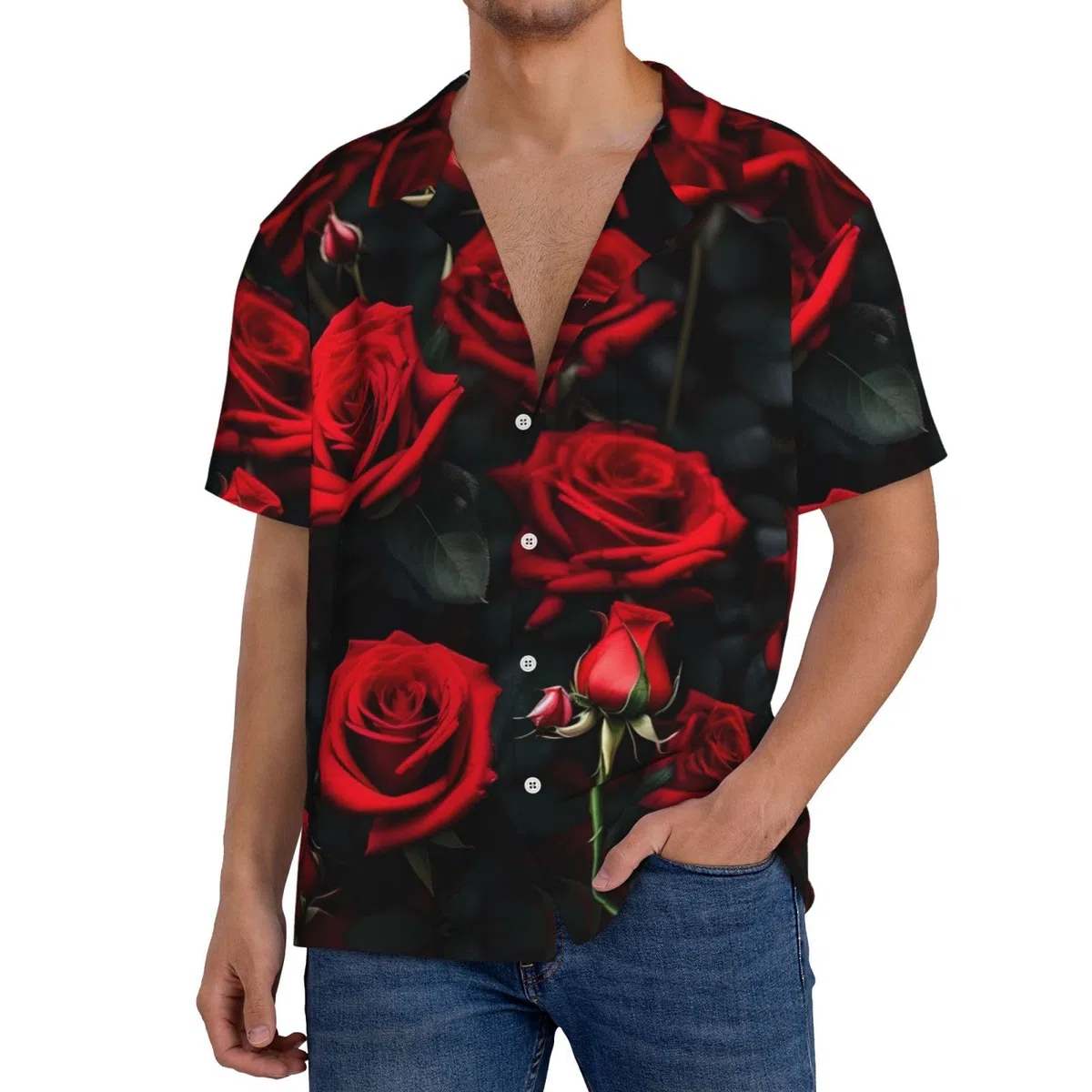 Camicie da uomo con fiori di rosa, stili classici hawaiani e cubani, abbigliamento casual e da vacanza, camicie a maniche corte da uomo con bottoni