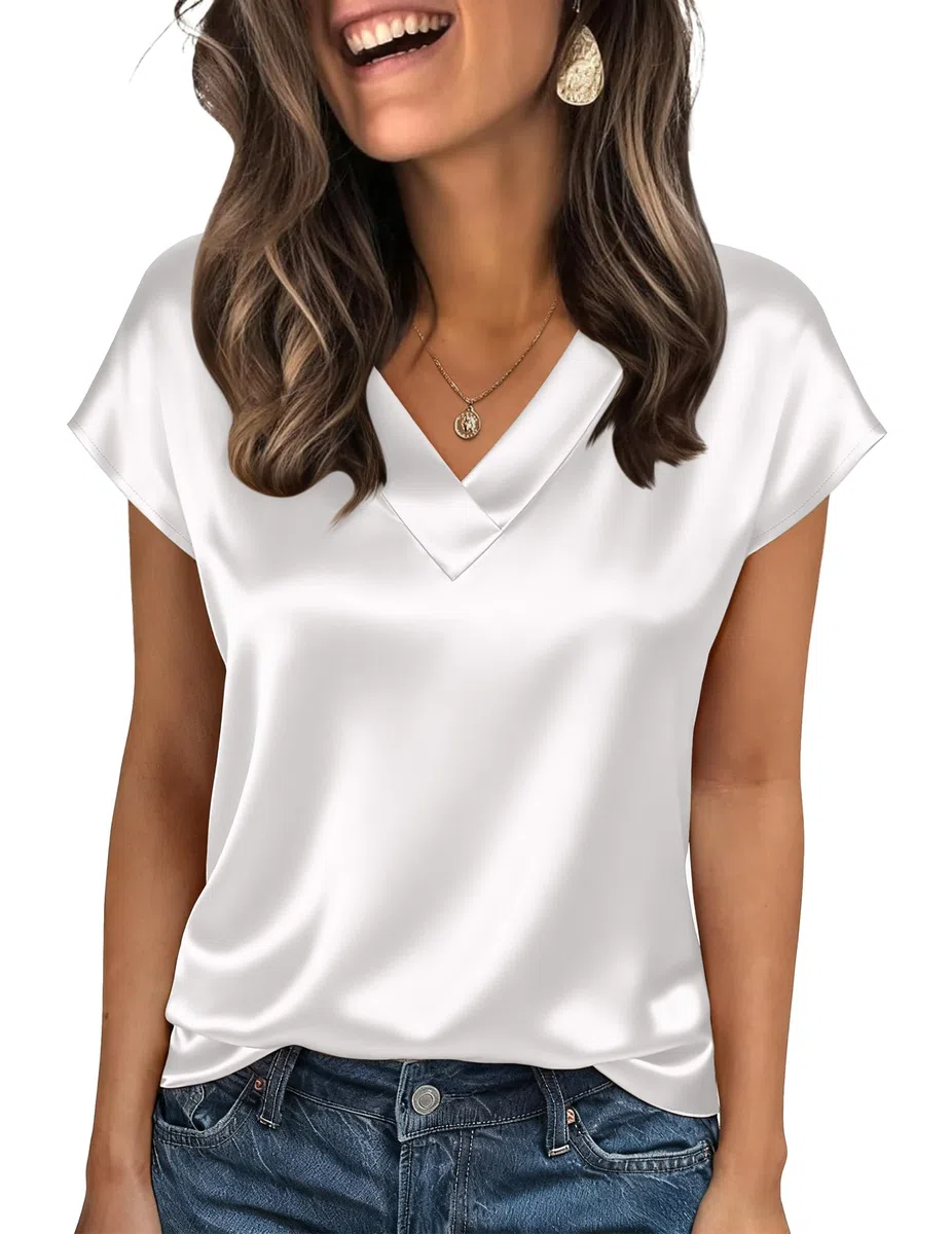 Zeagoo Camicia Donna in Raso con Scollo a V e Maniche Corte Seta Blusa Eleganti Camicie Estivo Satin T-Shirt Top Basic Raso Libero Unita Camicie S-XXL