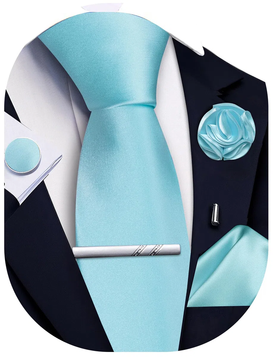 Cravatta e Pocket Square Set Solido Cravatta Gemelli Fermacravatta Spilla per Uomo Matrimonio Affari 5PCS