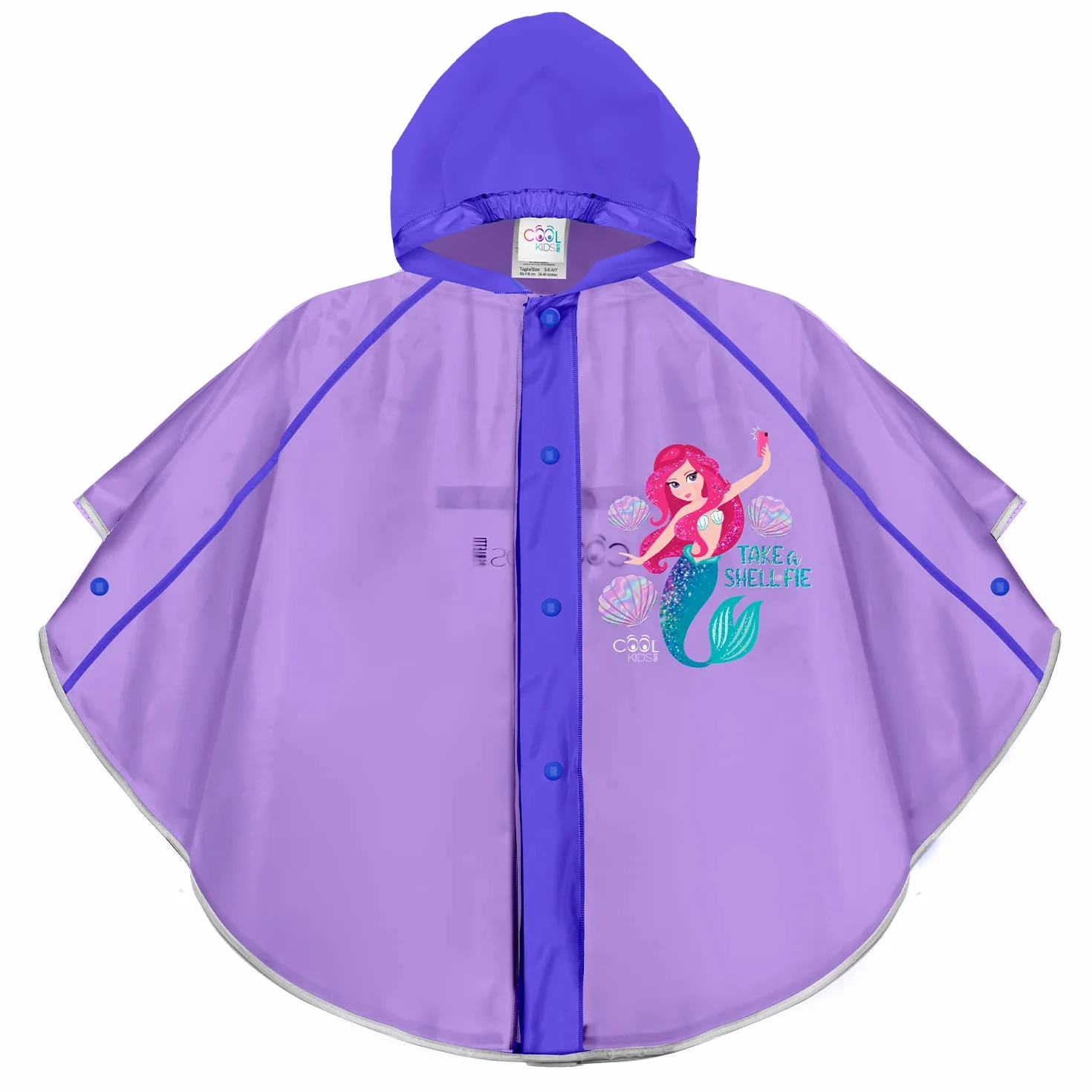 PERLETTI Mantello da pioggia per bambina 3 4 5 6 anni Sirenetta – Poncho per bambini ragazzi bianco rosa e verde con cappuccio e bottoni – Cappotto impermeabile Little Mermaid Dettagli riflettenti