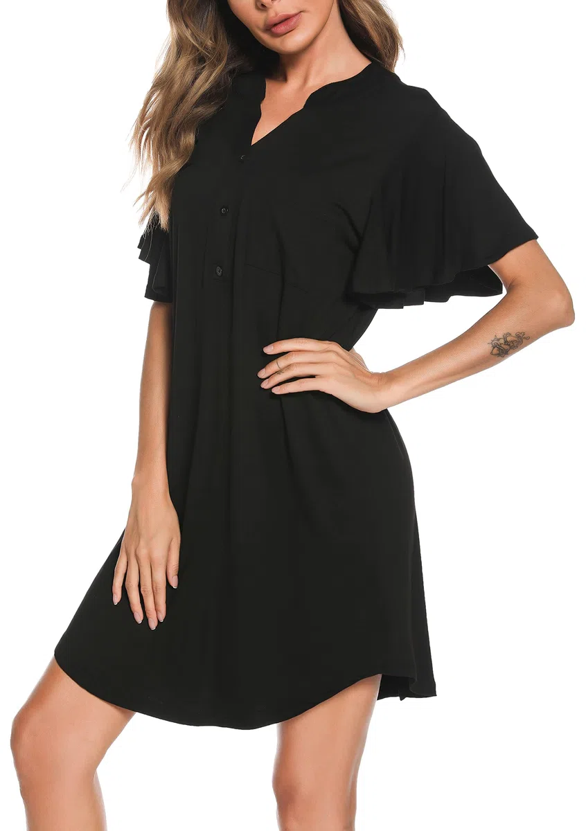 Wikoan Camicia da Notte Donna,Corto Vestito da Notte a Manica con Bottoni,Notte Donna con Tasche S-XXL