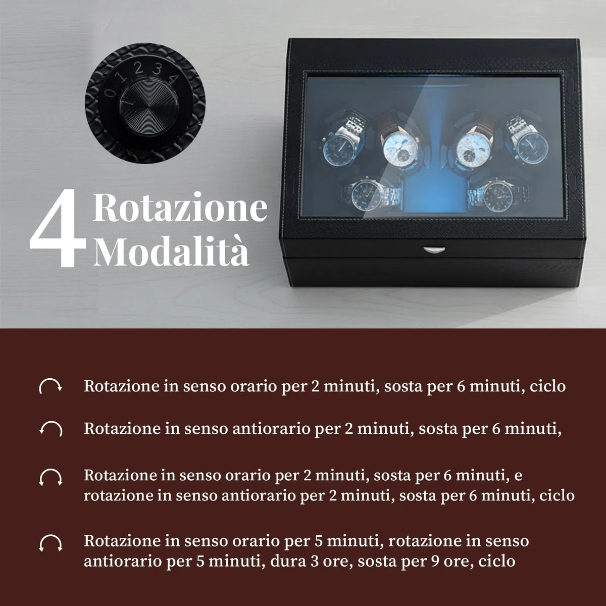 Mcbazel Carica Orologi Automatico Ultra Silenzioso con Luce LED, Scatola di Conservazione di Lusso per 6 Orologi con 5 Modalità di Rotazione e 6 Posizioni di Conservazione Aggiuntive