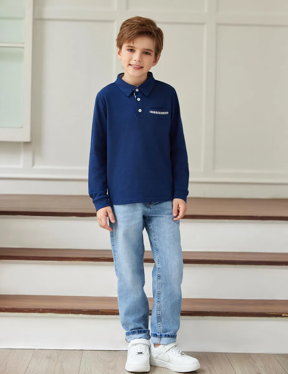 Arshiner Maglietta Polo a Maniche Lunghe per Bambino, Camicia Elasticizzata con Colletto con Dettaglio a Quadri e Taschino, Elegante e Morbida per Scuola e Autunno, 5–12 Anni