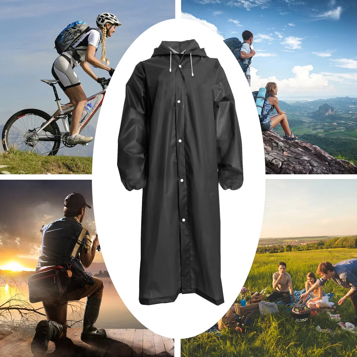 2 Pezzi Mantella Antipioggia, Portatile Poncho Antipioggia, Riutilizzabile Poncho Pioggia, per Escursionismo, Campeggio, Ciclismo, Pesca (Nero)