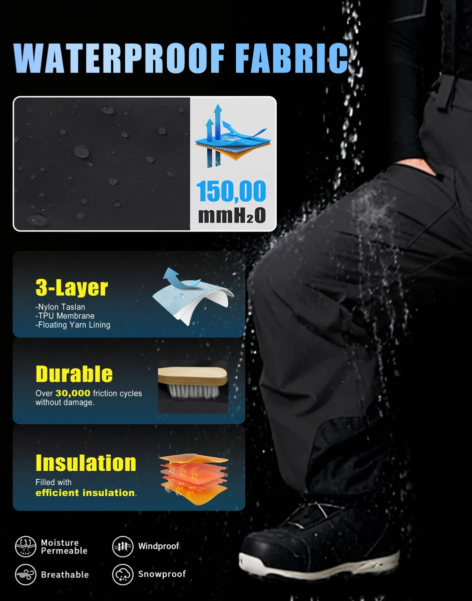 Pioneer Camp Pantaloni da sci da uomo, impermeabili, 15000 mm, con spalline regolabili e ventilazione, da snowboard, da uomo, per neve profonda, traspiranti, 7000 g/m², antivento, robusti