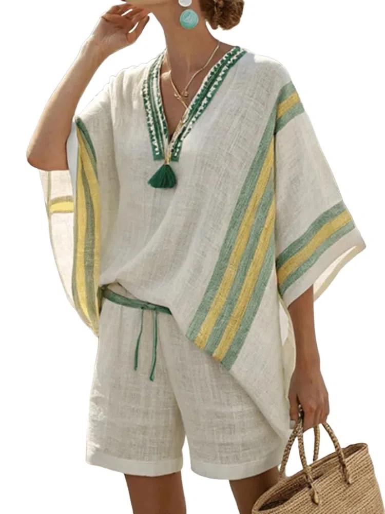 Completo Donna Estivo Tuta Completa 2 Pezzi Maglietta Mezza Manica Scollo V + Pantaloncini Vita Alta Gamba Larga Tute Completi Estivi