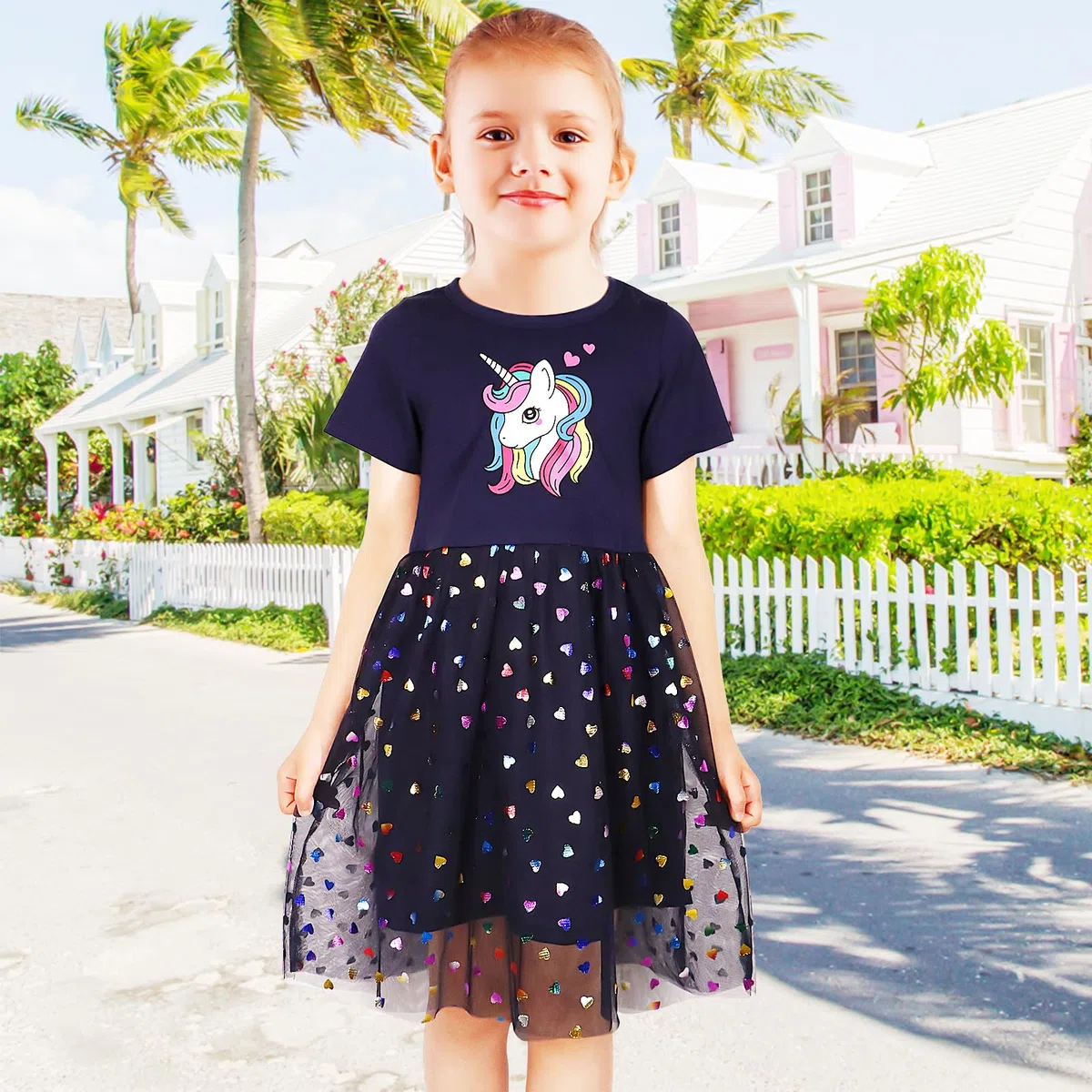 Vestito Bambina Abiti Ragazza Paillettes Ricamo Cotone Tulle Striscia Floral Belle Estivi Manica Corta T-Shirt Abito Bimba 2-7 Anni