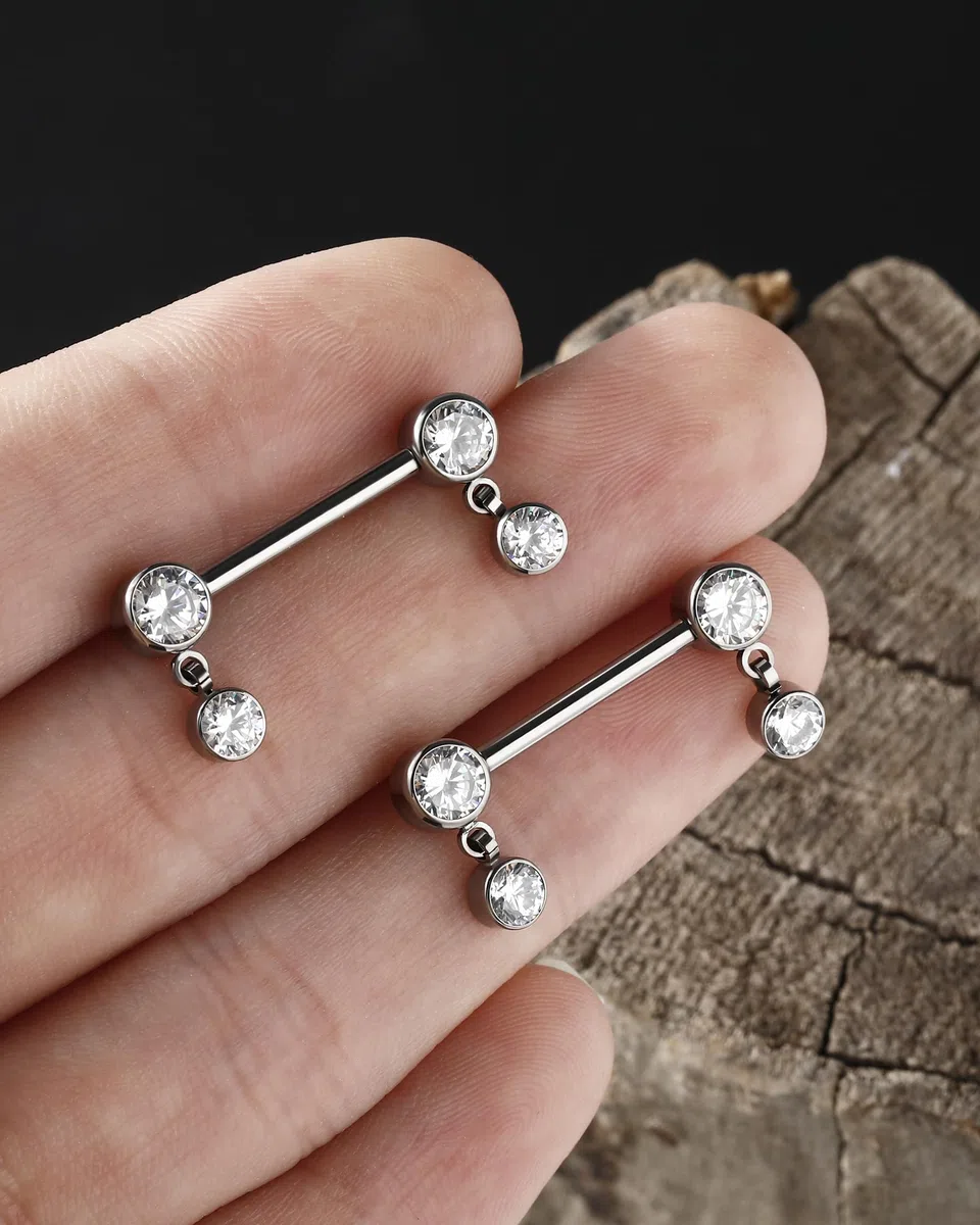 Jewseen Piercing per capezzolo, in titanio, con filettatura interna, per capezzolo, barretta dritta, 14 g, per capezzoli, Titanio Zirconia cubica