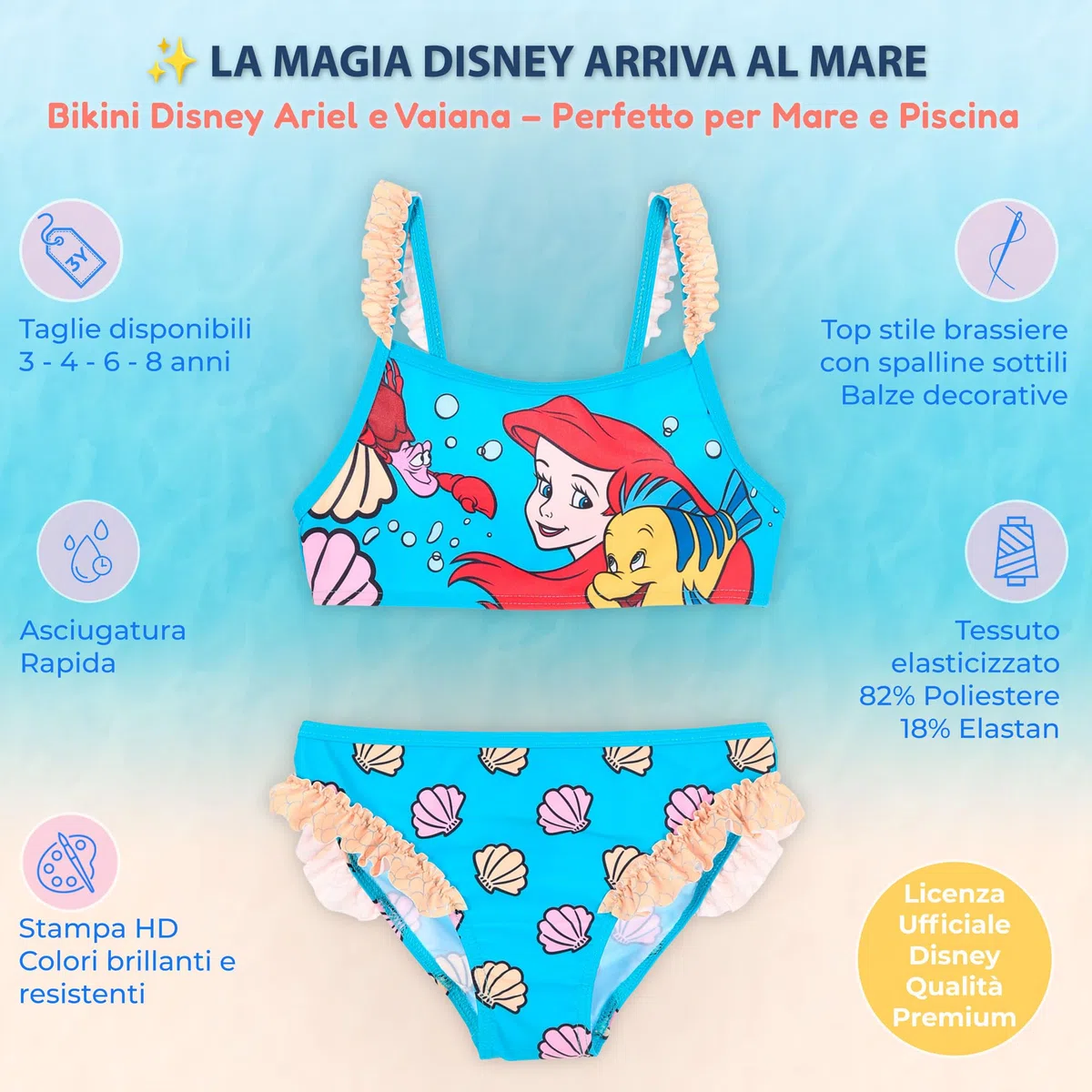 Disney Bikini Bambina Ariel e Vaiana Costume da Bagno Due Pezzi Principesse, Costume Mare Bambina 3-8 Anni, Elasticizzato Asciugatura Rapida Piscina Estate