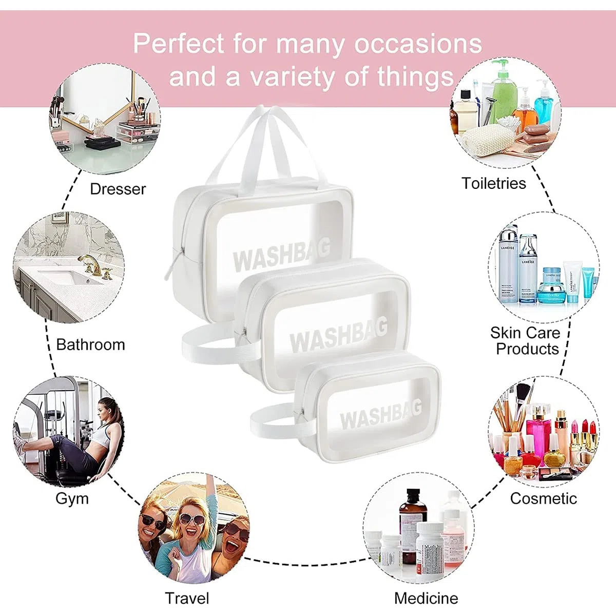 LEcylankEr Beauty Case da Viaggio Trasparente Set, Trousse Trucchi Donna, Borsa da Toilette in PU-PVC (Bianco)