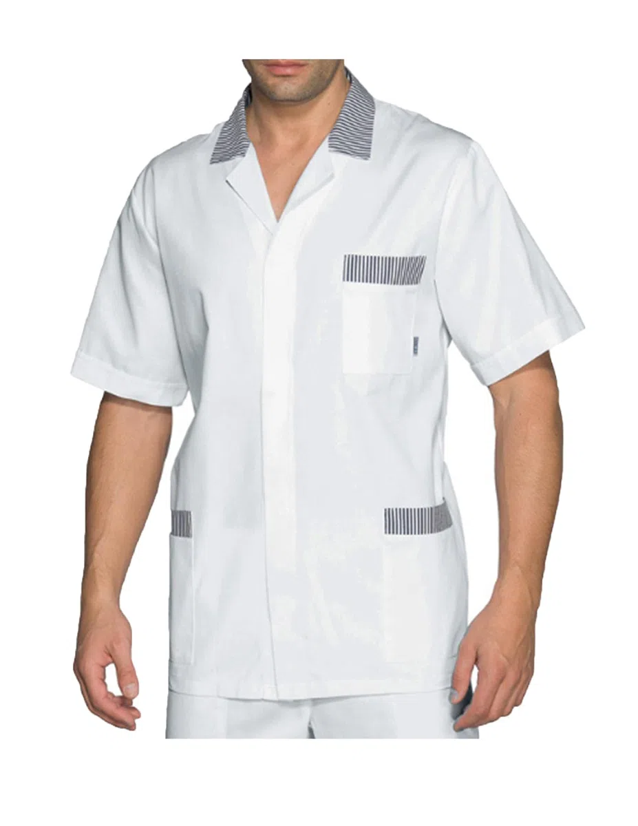 Camice Lavoro Uomo - Divisa Alimentaristi - Bianco, Righe Blu M/C - Camici per Alimentari, Cassiere, Centro Estetico, Negozio Alimentare, Supermercati, Panificio, Macelleria