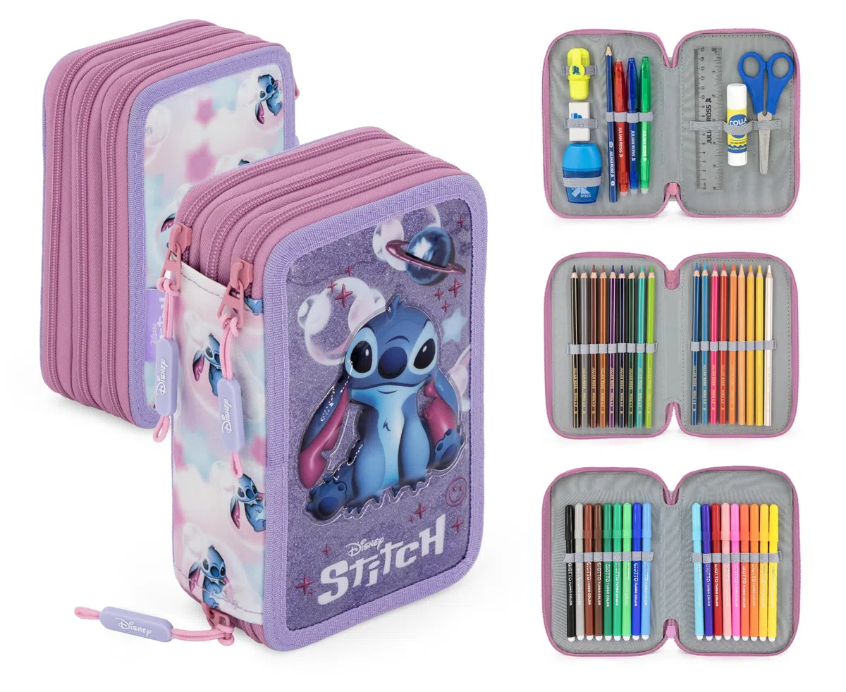 Clondo School Pack Completo Zaino Scuola Ergonomico 33x43x20 cm con Astuccio coordinato 3 Scomparti 46 Pezzi – Per Stitch Fan – Elementare e Regalo Bambina