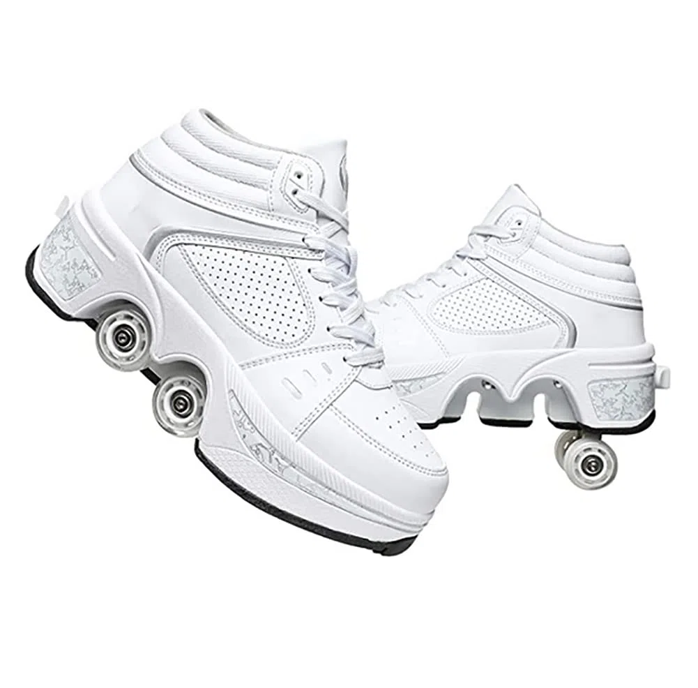 Scarpe con Ruote 2 in 1 per Bambini e Ragazzi, Skateboard, Scarpe da Ginnastica Multiuso, Pattini a Rotelle Quad, Moda, Regalo di Compleanno, Unisex, Bianco, 35 EU