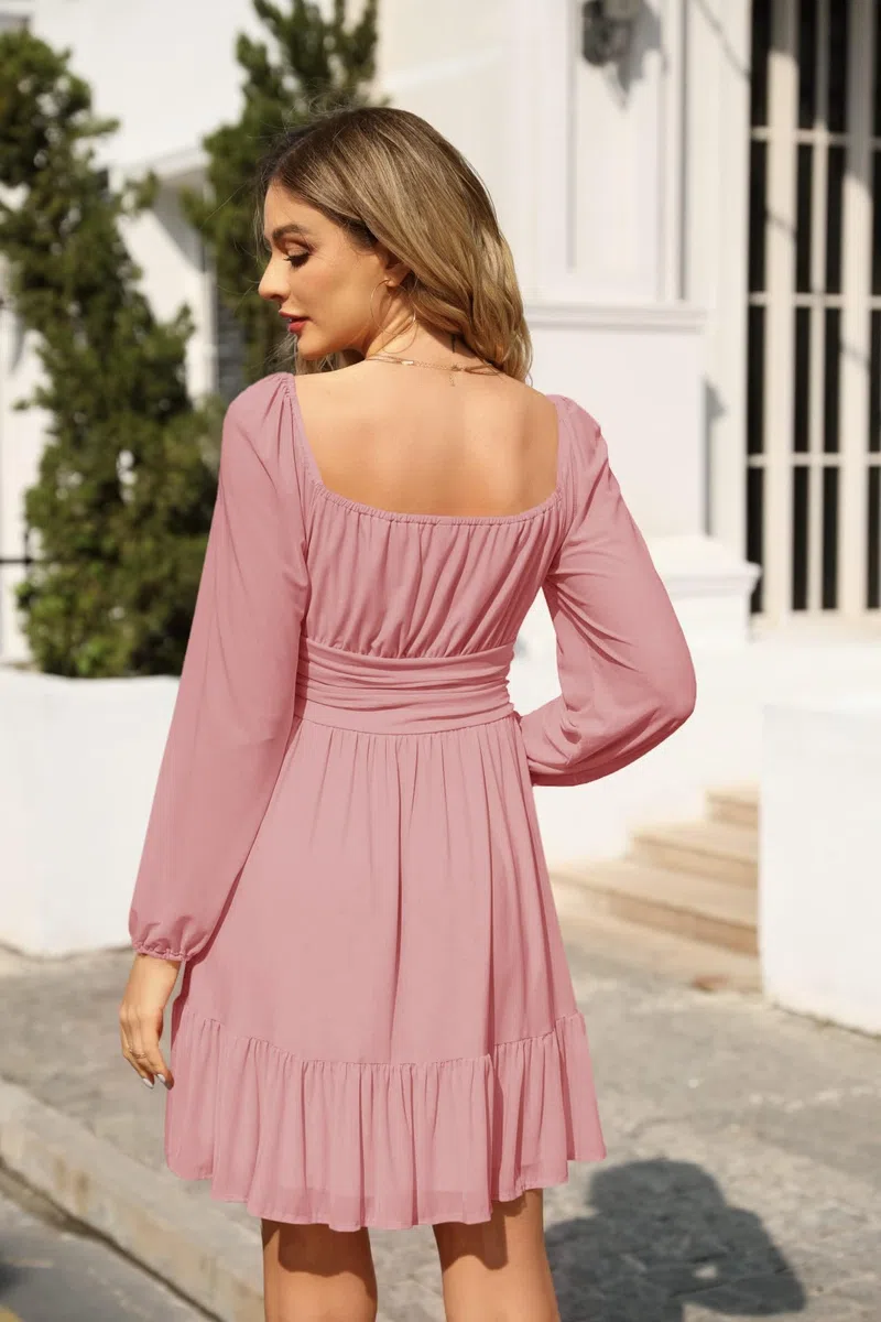 Imily Bela Abito da donna con scollo quadrato, in rete, a vita alta, pieghevole, a maniche lunghe, con volant
