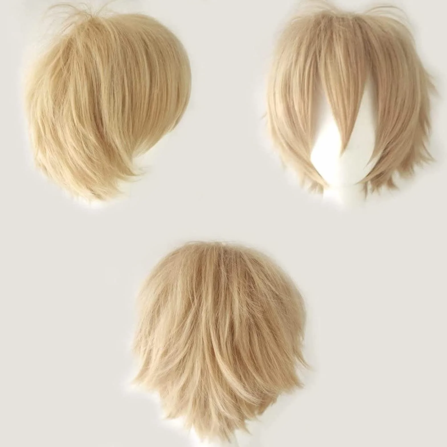 Parrucca sintetica corta per cosplay, capelli corti biondi, ricci, lisci, a strati, soffice, per feste in costume, con cuffia inclusa, biondo lino