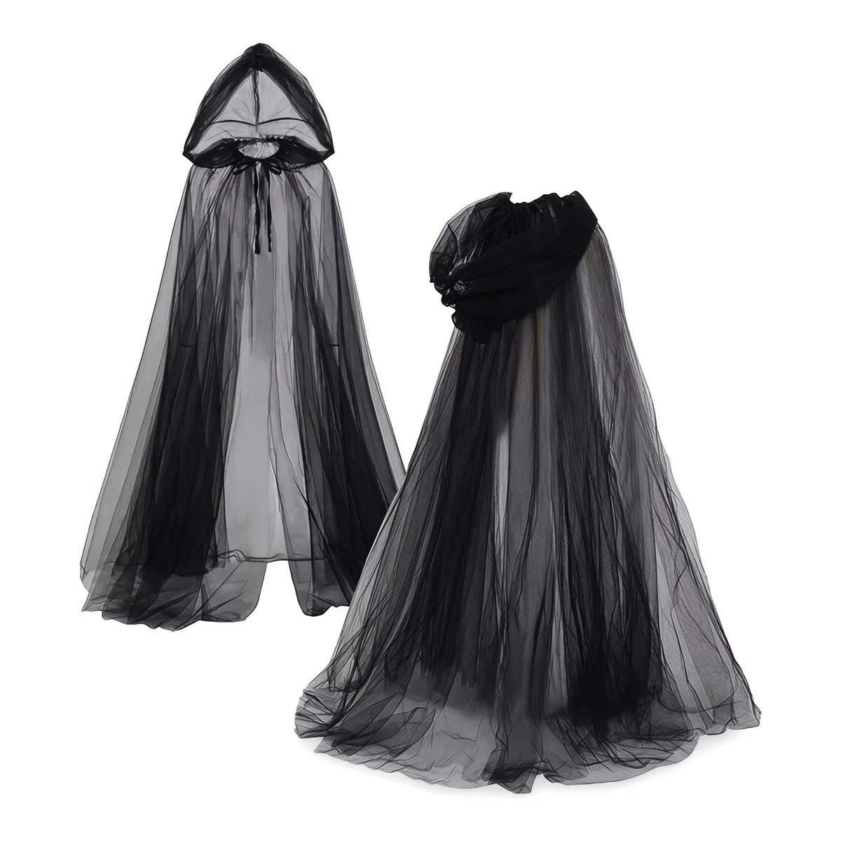 Costume di Halloween da donna, mantello nero per adulti, mantello trasparente con cappuccio, velo coprente per la testa per Halloween, costume da strega, fantasma, sposa, mantello cosplay
