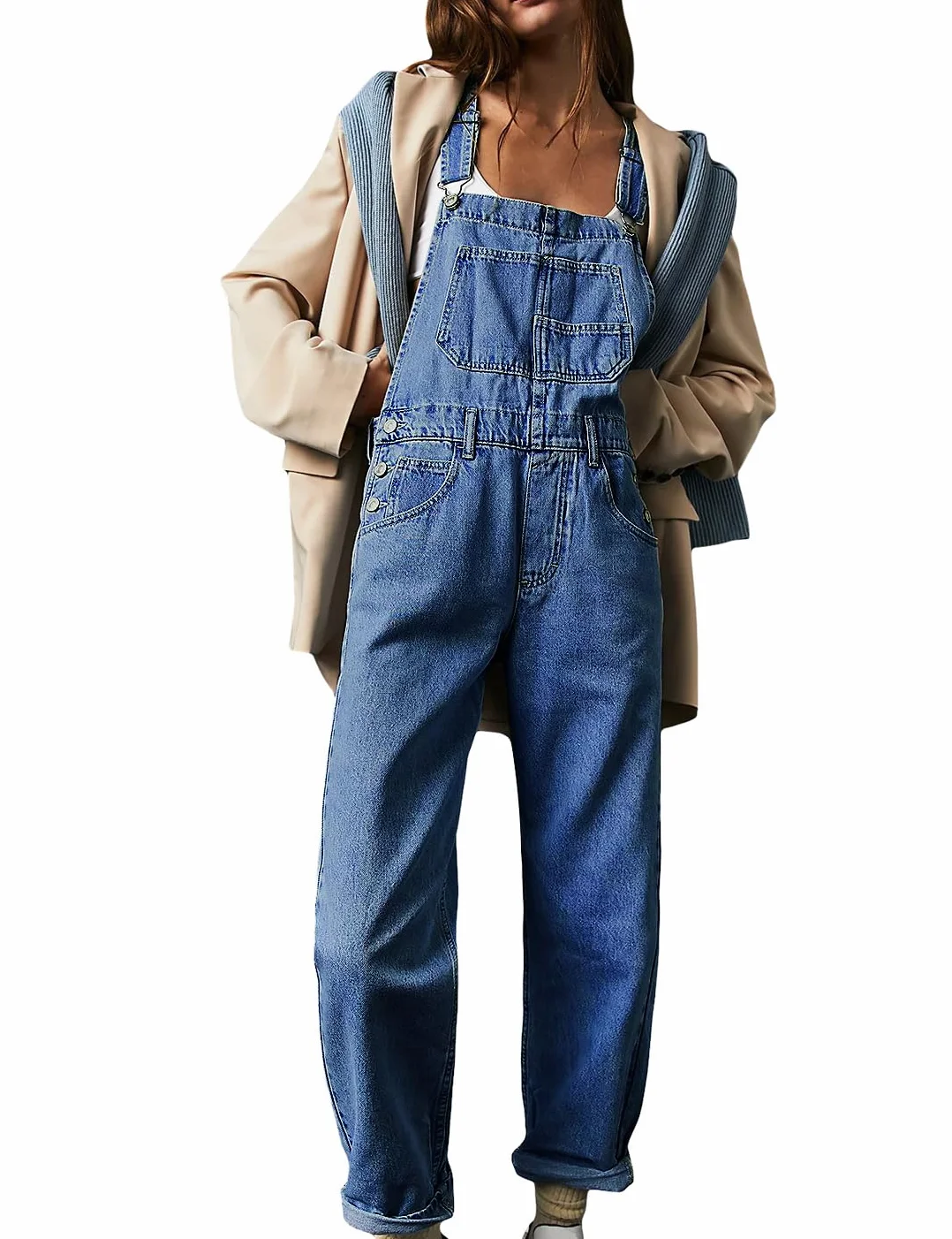 Sukany Salopette da donna casual in denim con spalline regolabili larghe salopette pagliaccetto tuta harem pantaloni