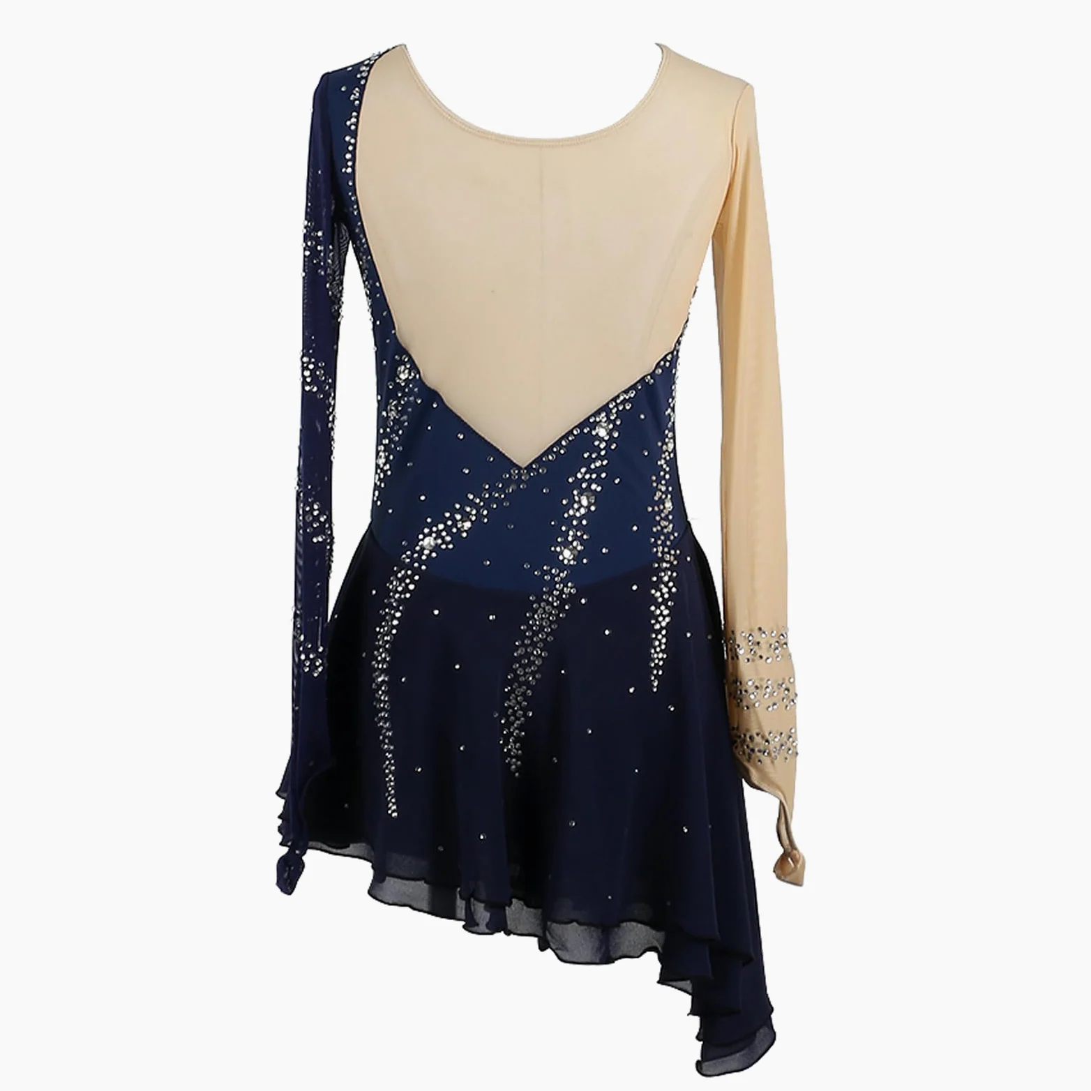 Abito Pattinaggio Artistico Donna Strass Manica Lunga Blu Orlo Obliquo for Competizioni e Performance, Completo da Pattinaggio su Ghiaccio for Bambina
