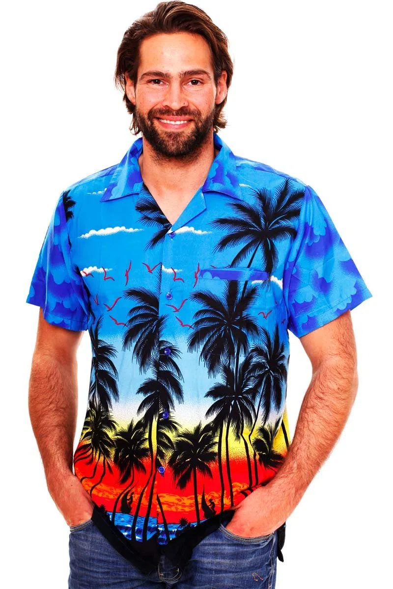 King Kameha Funky Camicia-Hawaiana Uomo Manica-Corta Elegante Palme Tropicali per Le Vacanze al Mare Unisex