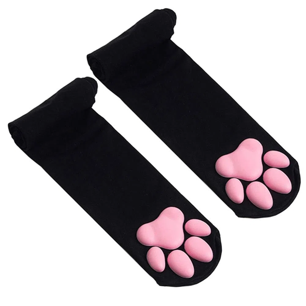 Calze alte alla coscia, calze rosa con artigli di gattino 3D Calzini con zampa di gatto carino per ragazze Donne Cat Cosplay