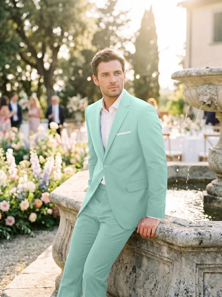 Completo da uomo slim fit, 2 pezzi, con risvolto dentellato a due bottoni, tinta unita, giacca e pantaloni, set smoking per ballo di fine anno