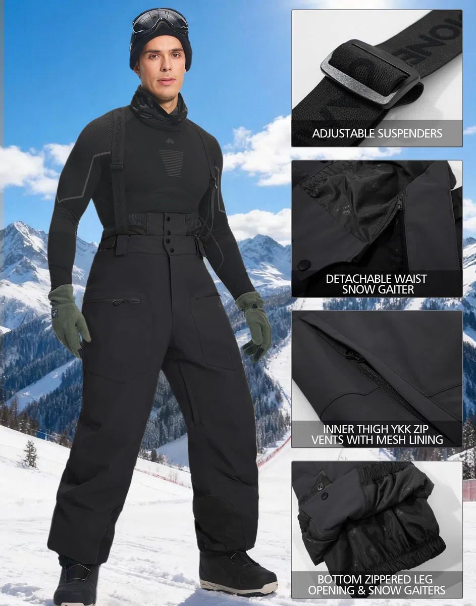 Pioneer Camp Pantaloni da sci da uomo, impermeabili, 15000 mm, con spalline regolabili e ventilazione, da snowboard, da uomo, per neve profonda, traspiranti, 7000 g/m², antivento, robusti