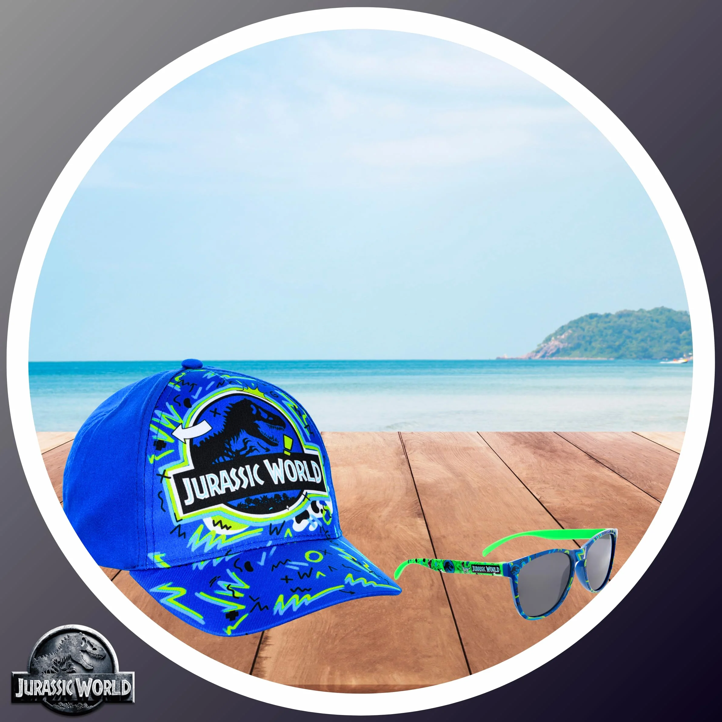 Jurassic World Cappellino Baseball e Occhiali da Sole per Ragazzi, Occhiali da Sole con Protezione UV, Cappellino Estivo per Bambino