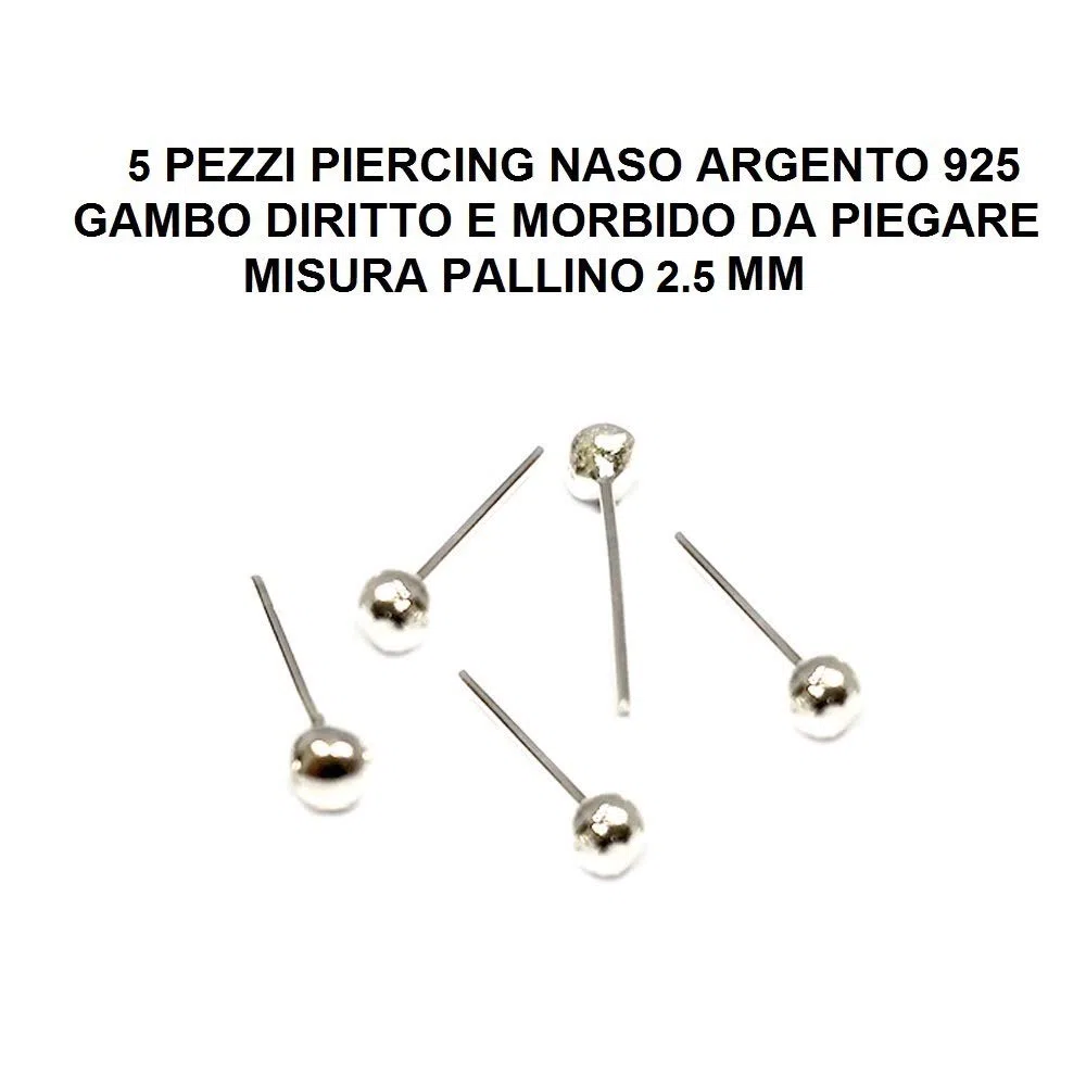 Set 5 Pezzi Piercing Orecchini Naso 2,5 MM Pallina Grande Palla Pallina ARGENTATE Argento 925 Sterling ORECCHINO
