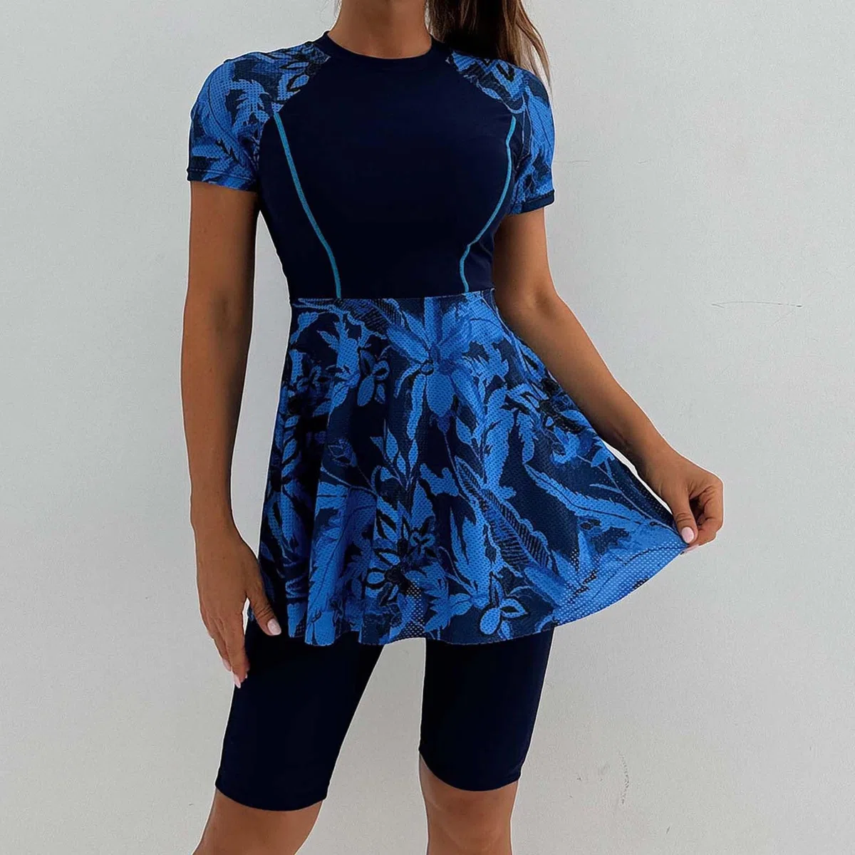 2 Pezzi Floreale Stampato Moda Burkini Donne Musulmano Manica Corta Costumi Da Bagno Arabo Burkini Tinta Unita Confortevole Top Da Bagno