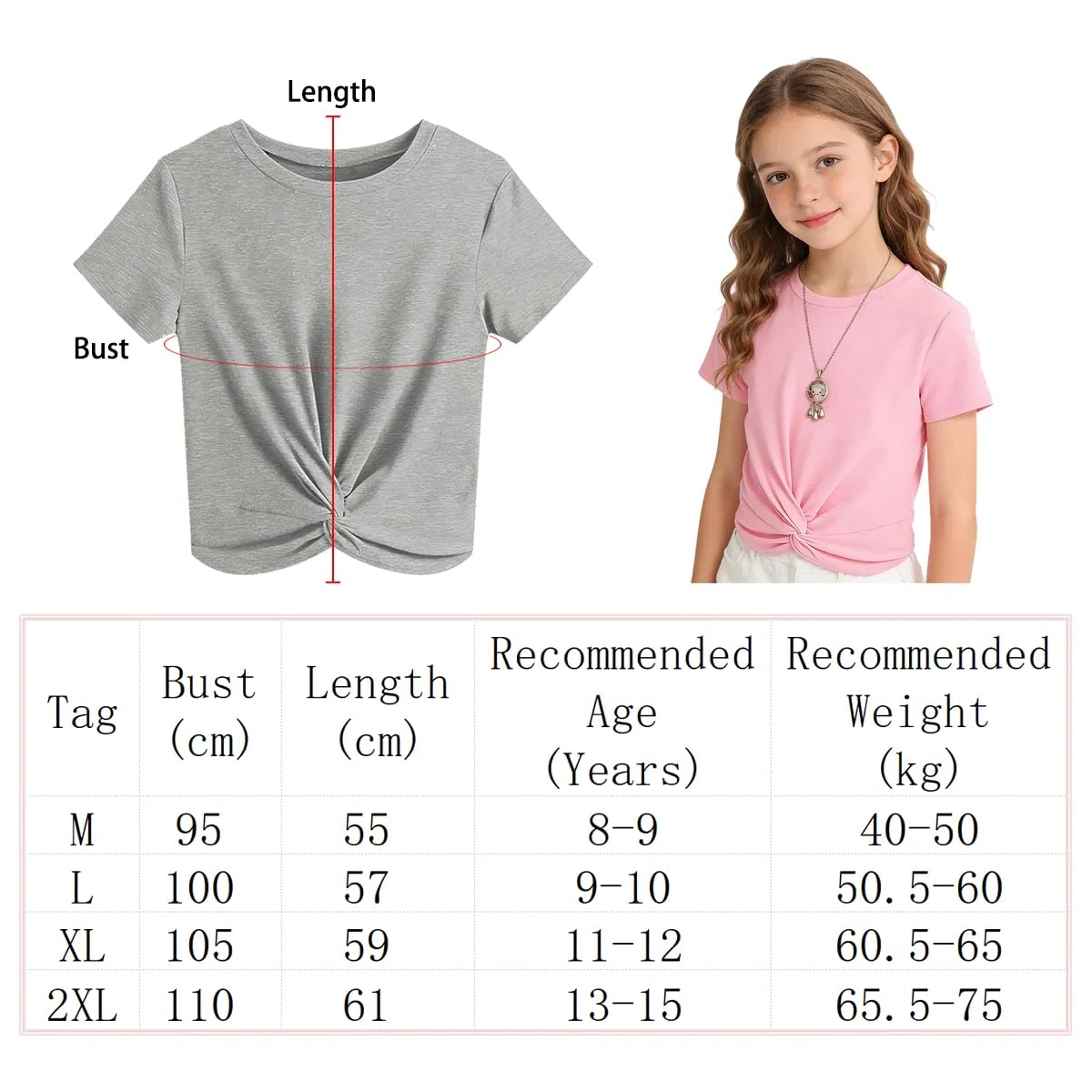 T-Shirt Bambine e Ragazze Twist Front Maglietta Estiva Bambine Magliette Girocollo Ragazza Maniche Corte Bambina Top 8-15 Anni
