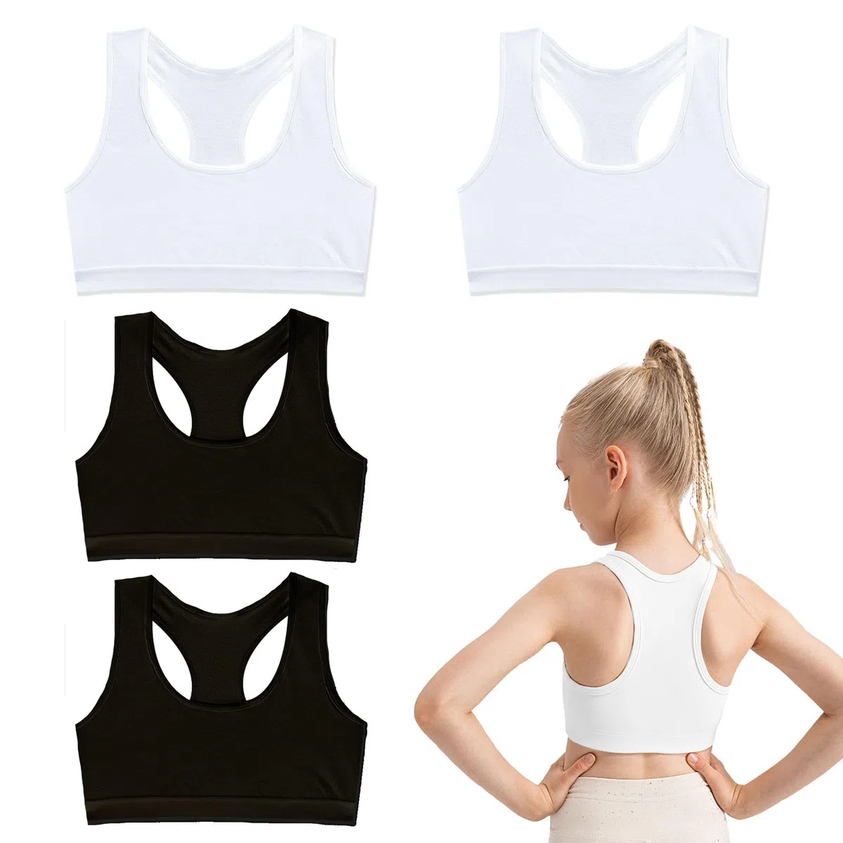UILYNIU 4 Pezzi Reggiseno da Allenamento Senza Cuciture, Reggiseno Sportivo, Canotta Sportiva in Cotone, Top Sportivo Bambina, Intimo Cotone Bambina, Reggiseni Sportivi per 9-14 Anni (Nero, Bianco)