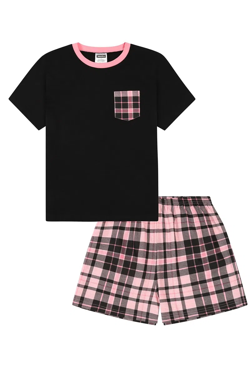 thepyjamafactory Pigiama da Bambina in Cotone Corto con Gamba Scozzese Nera e Rosa per Bambini