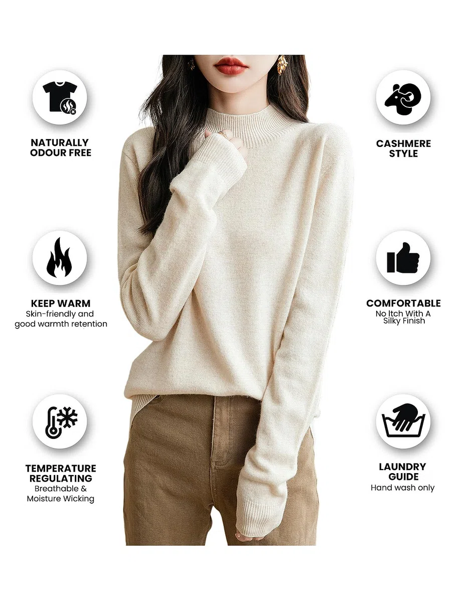 Chanyarn Maglione da Donna in 100% Lana Merino Collo Alto Demi Lavorato a Maglia Senza Cuciture a Maniche Lunghe