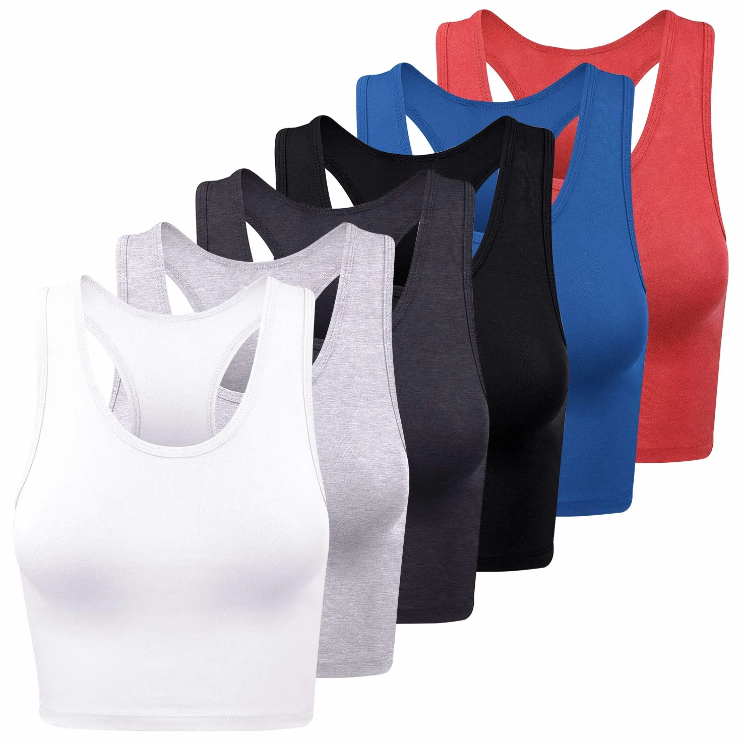 FEPITO 6 Pezzi Top da Donna Basic Canotte Sport Canotte in Cotone Top Senza Maniche a Spalle Scoperte Camicie da Allenamento Canotte da Donna, Medio-Piccole