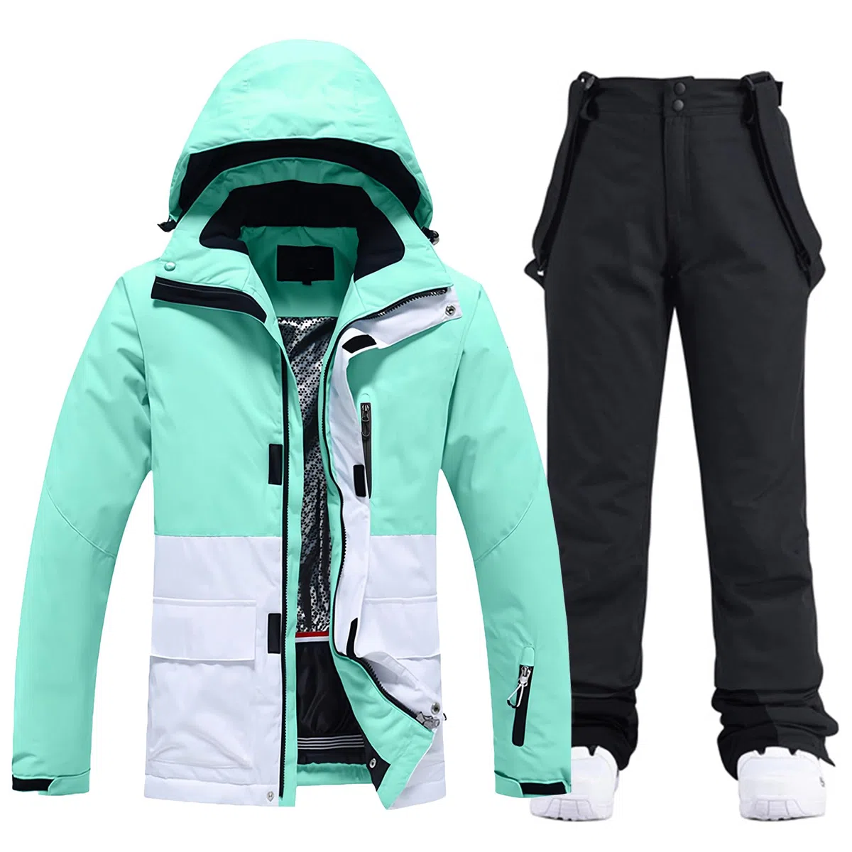 ALSOGO Giacca da sci da donna e pantaloni da sci, tuta da sci, 2 pezzi, tuta da neve, impermeabile, calda giacca invernale con cappuccio rimovibile, per sci, snowboard, pantaloni da neve