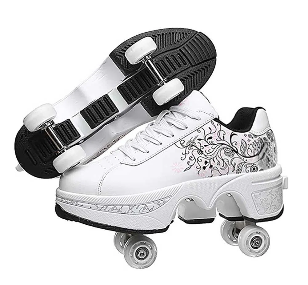 Scarpe da ginnastica con ruote, per bambini, skateboard, scarpe da ginnastica multiuso 2 in 1 pattini, scarpe da ginnastica Quad Rued Sneakers alla moda, regalo di compleanno per bambini e ragazze