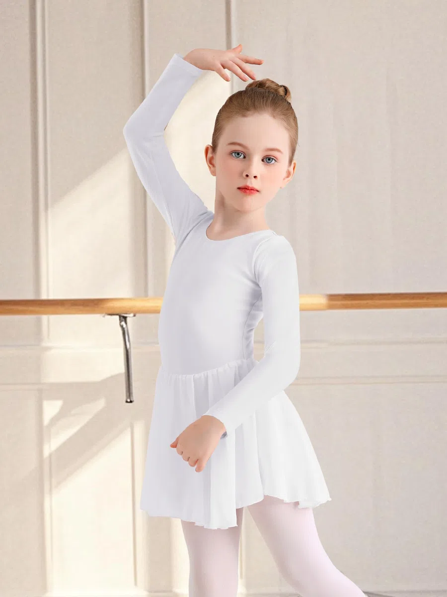 Ragazza Vestito da Balletto Vestito Danza Tutu Body Ginnastica Cotone Manica Lunga con Chiffon Gonna Adatto all'età 2-11 Anni