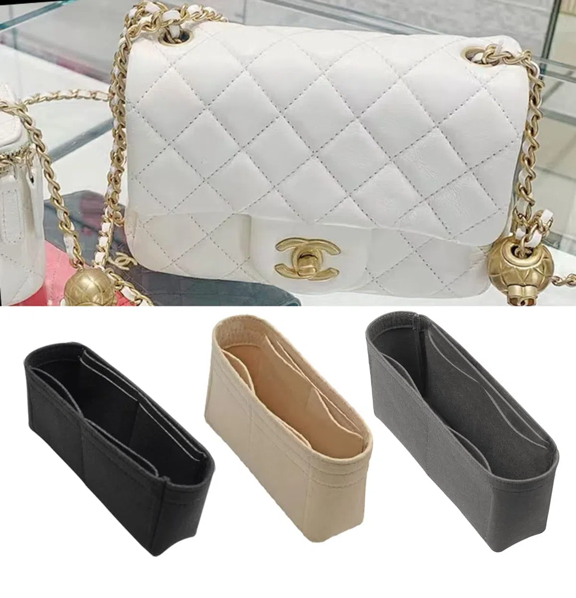 Lckaey Borsa Organizer Inserto per chanel borsa inserto organizer classico patta media borsa organizer senza cerniera 2009lightgray-M