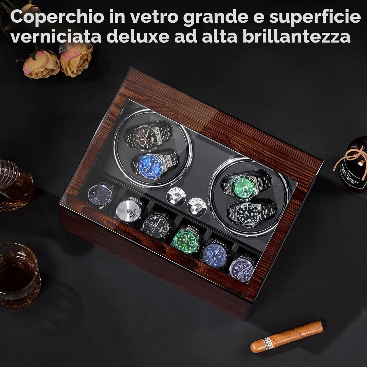 BEWISHOME Caricatore per Orologi Automatici e Meccanici, Scatola Carica con Luce LED, 4 Rotatori Ultra-Silenziosi e 6 Extra Stoccaggio, Watch Winder ESYQ01Y