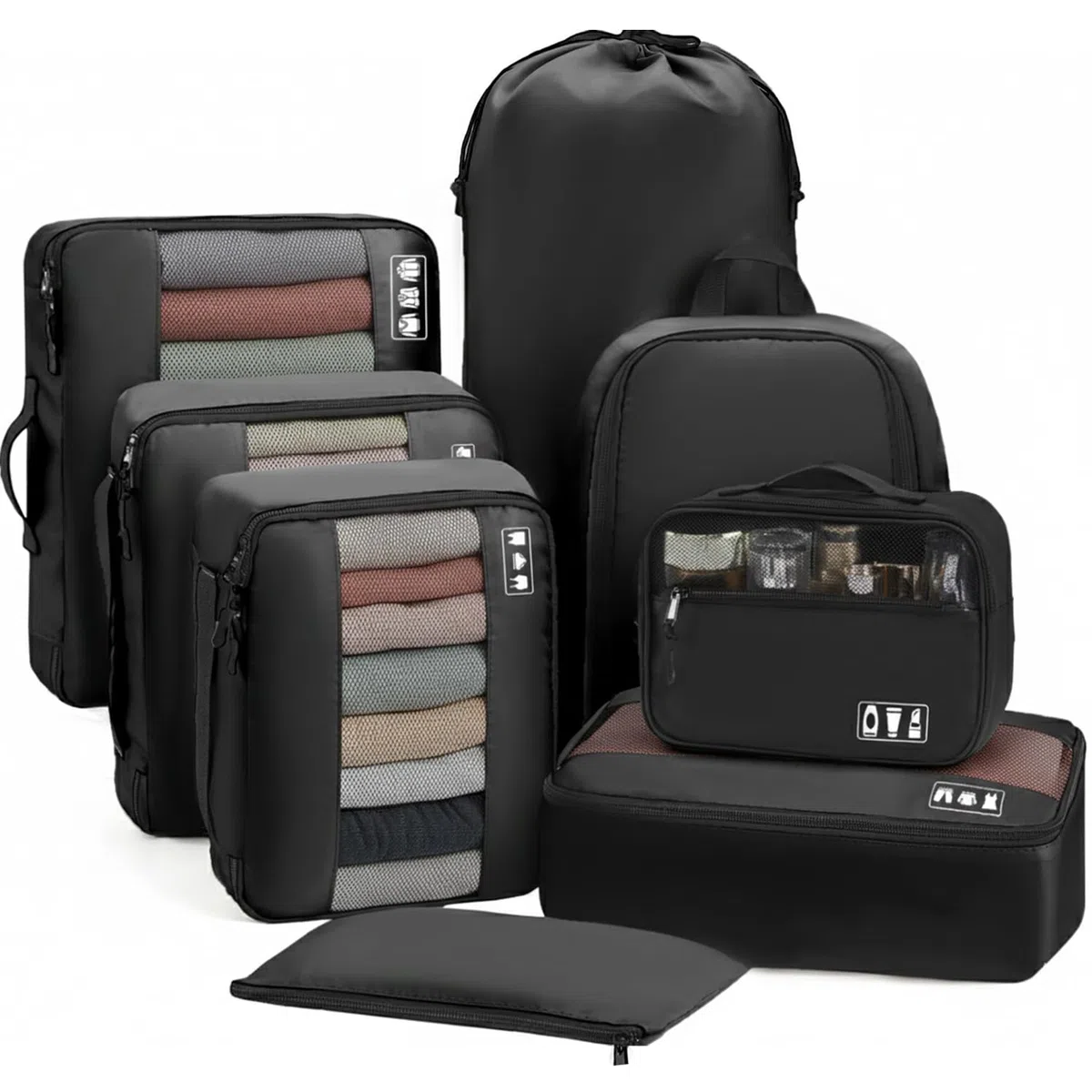MURISE Organizer Valigia Salvaspazio, Organizer per Valigie 8 Pezzi per Viaggi e Vacanze, Packing Cubes con Borsa per Scarpe e Borsa per Cosmetici, Travel Essentials, Nero