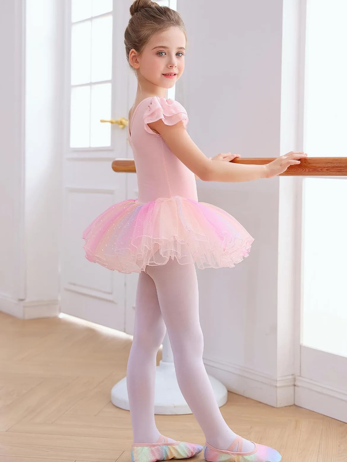Abbigliamento da balletto da bambina, con paillette, tutù, a maniche corte, in cotone, con gonna colorata