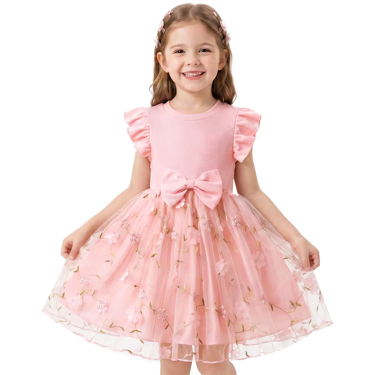 JinBei Vestito da Bambina Estate Abito da Principessa in Tulle a Fiori Stampa Vestiti Maniche con Volant Abbigliamento Bambini per Festivo Compleanno Cerimonia Casual, 2-7 Anni