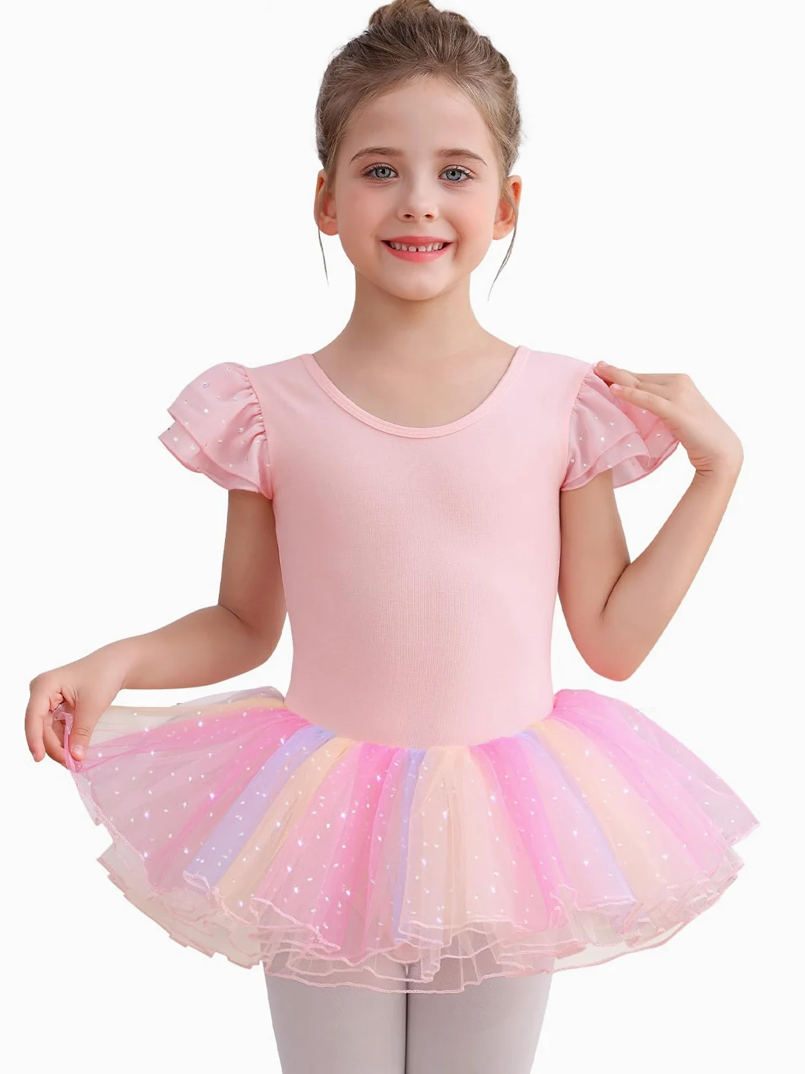 Abbigliamento da balletto da bambina, con paillette, tutù, a maniche corte, in cotone, con gonna colorata