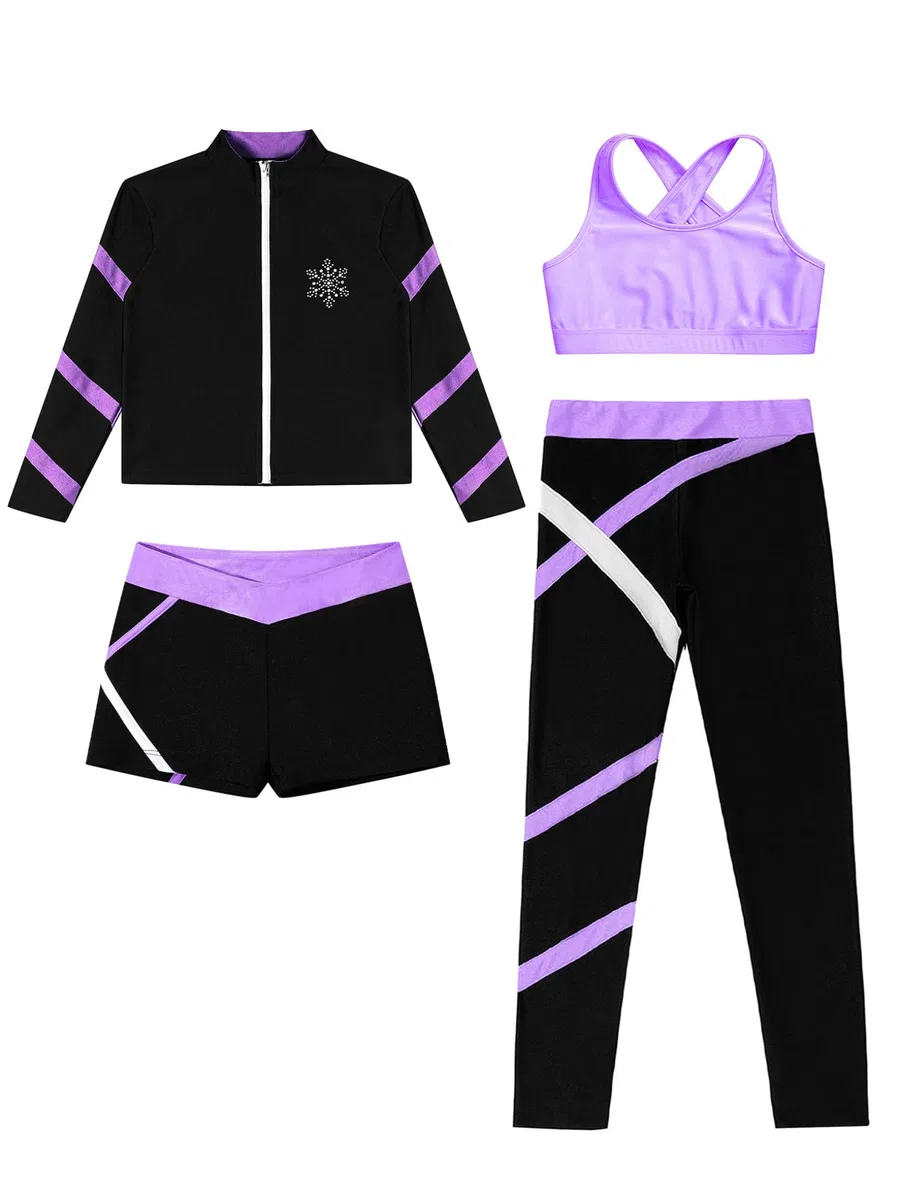 Tute da Pattinaggio in Pile Bambina Completo Invernale Termico Giacca + Reggiseno+ Pantaloni + Pantaloncini Abbigliamento da Pattinaggio su Ghiaccio Viola 11-12 anni
