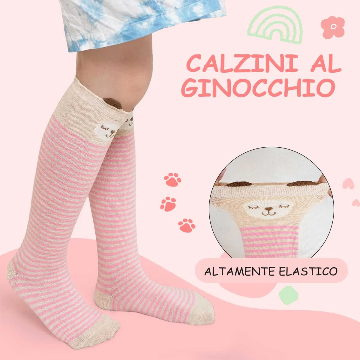LOFIR Calzini Ginocchio Bambina Ragazze: Calze Lunghe Senza Cuciture in Cotone per Bimba - Calzettoni Gambaletto Invernali con Righe Divertenti Colorati Animali per Natale Regali 5 Paia 23-38