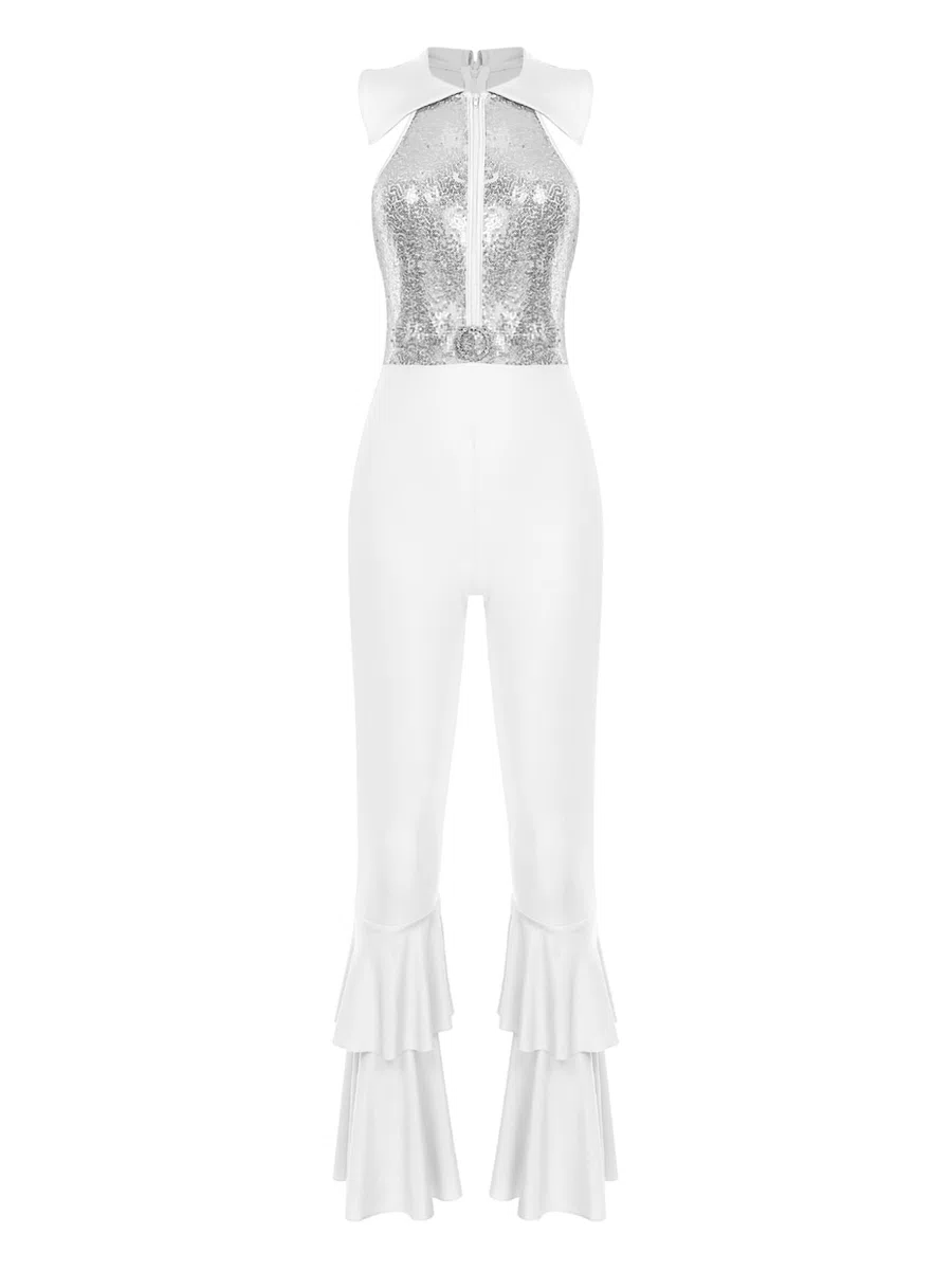 Hansber Disco Outfit Donna Anni 70 Glitter Paillettes Tuta Senza Maniche Jumpsuit Intero Abito Da Ballo Con Gamba Larga A Scalare Abbigliamento Danza